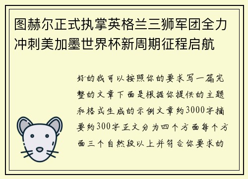 图赫尔正式执掌英格兰三狮军团全力冲刺美加墨世界杯新周期征程启航